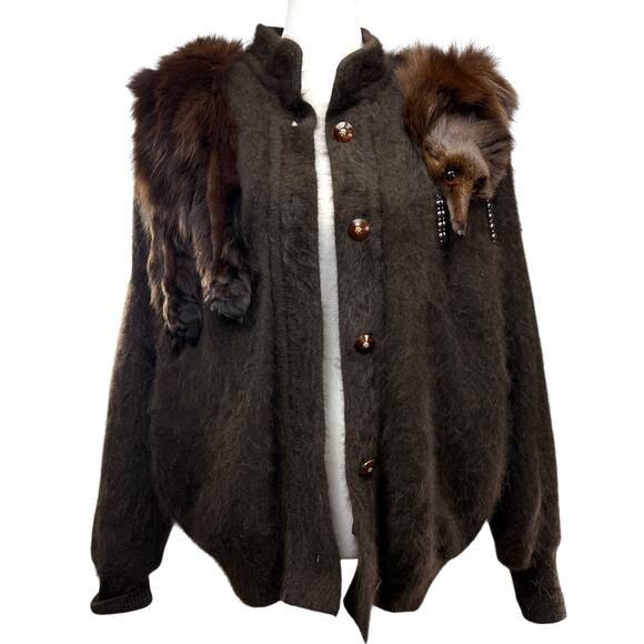 Vintage Angora Fox Fur Trim Cardigan sweater Women Size L/XL Mock Neck Brown - Picture 1 of 8